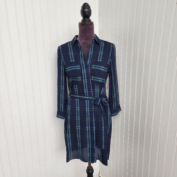 NWT 1. STATE $119 Long Sleeve Button Up Plaid Dress Pine Grove Blue Green XS - Picture 1 of 14